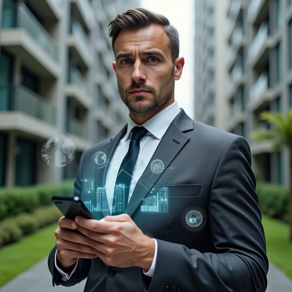 (Ultra-realistic condominium manager in a charcoal gray suit, set in a modern luxury condominium environment with high-rise buildings and manicured green landscaping, holding a smartphone with floating holographic icons of financial charts and maintenance requests, confident and focused expression, cinematic lighting, shallow depth of field, highly detailed textures, realistic skin, photographic realism, 8k resolution --ar 1:1 --v 6)