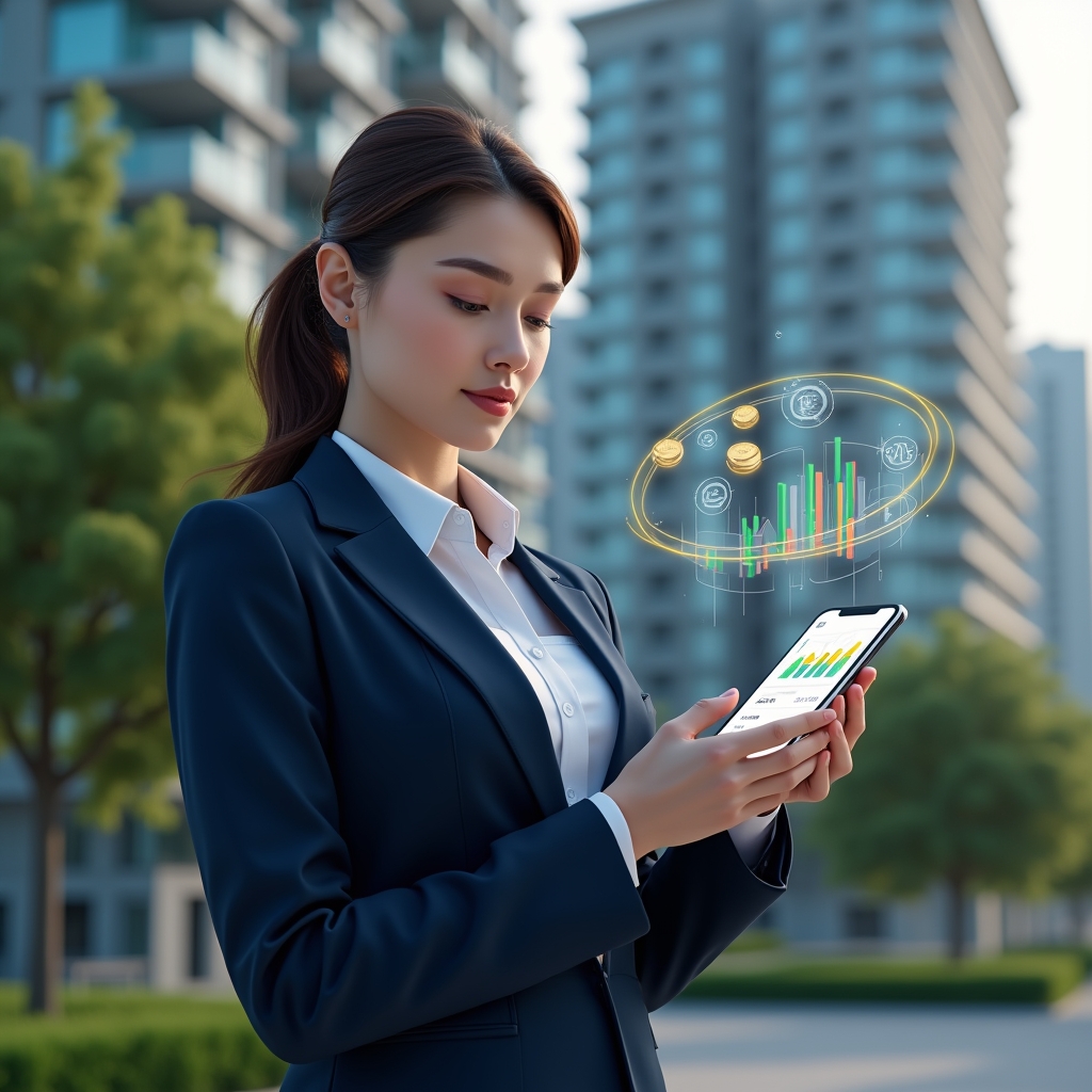 Ultra-realistic female condominium manager in a navy blue executive suit, set in a modern luxury condominium environment with high-rise buildings and manicured green landscaping, holding a smartphone displaying a holographic financial dashboard with colorful expense charts, confidently analyzing data, floating holographic icons of coins and graphs around her, cinematic lighting, shallow depth of field, highly detailed textures, realistic skin, photographic realism, 8k resolution --ar 1:1 --v 6