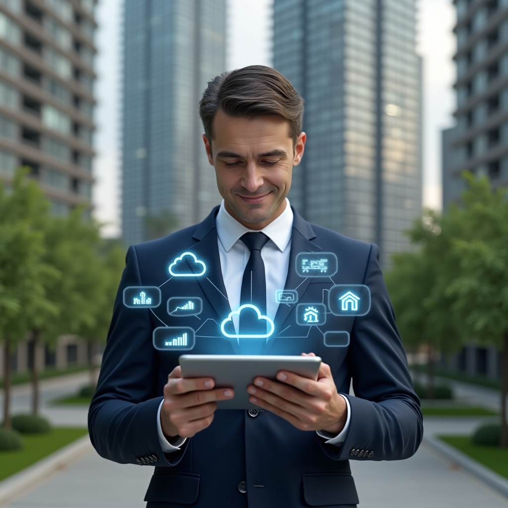 Ultra-realistic property manager in a tailored navy suit, set in a modern luxury condominium environment with high-rise buildings and manicured greenery, confidently reviewing data on a tablet with floating holographic icons of cloud storage, cost-saving graphs, and chat bubbles, cinematic lighting, shallow depth of field, highly detailed textures, realistic skin, photographic realism, 8k resolution --ar 1:1 --v 6