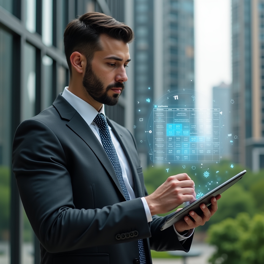 (Ultra-realistic condominium manager in a tailored charcoal suit, set in a modern luxury condominium environment with high-rise buildings and lush green landscaping, medium shot of a confident professional reviewing a holographic calendar of maintenance and assembly schedules floating above a digital tablet, symbolic icons of tools and meeting agendas orbiting the display, cinematic lighting, shallow depth of field, highly detailed textures, realistic skin, photographic realism, 8k resolution --ar 1:1 --v 6)