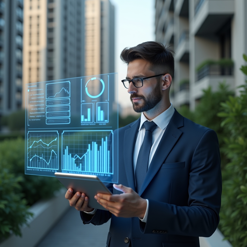 Ultra-realistic condominium manager in a navy blue suit, set in a modern luxury condominium environment with high-rise buildings and lush green landscaping, mid-shot close-up of him analyzing floating holographic KPI charts with digital bar graphs and pie charts, holding a sleek tablet, thoughtful and confident expression, cinematic lighting, shallow depth of field, highly detailed textures, realistic skin, photographic realism, 8k resolution --ar 1:1 --v 6