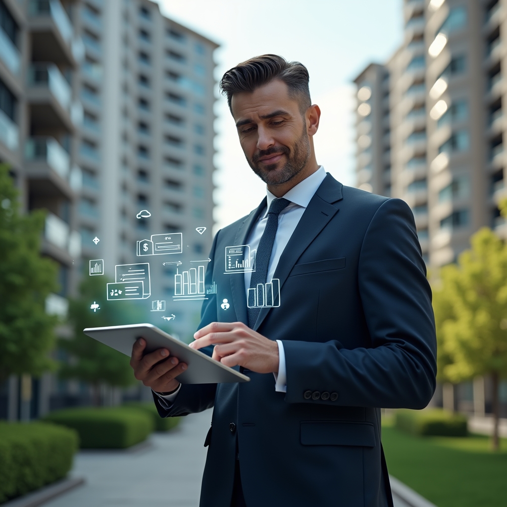 (Ultra-realistic condominium manager in a tailored navy suit, set in a modern luxury condominium environment with high-rise buildings and manicured green landscaping, mid-shot holding a digital tablet displaying holographic financial reports, confident and focused expression, floating 3D charts and document icons around him, cinematic lighting, shallow depth of field, highly detailed textures, realistic skin, photographic realism, 8k resolution --ar 1:1 --v 6)
