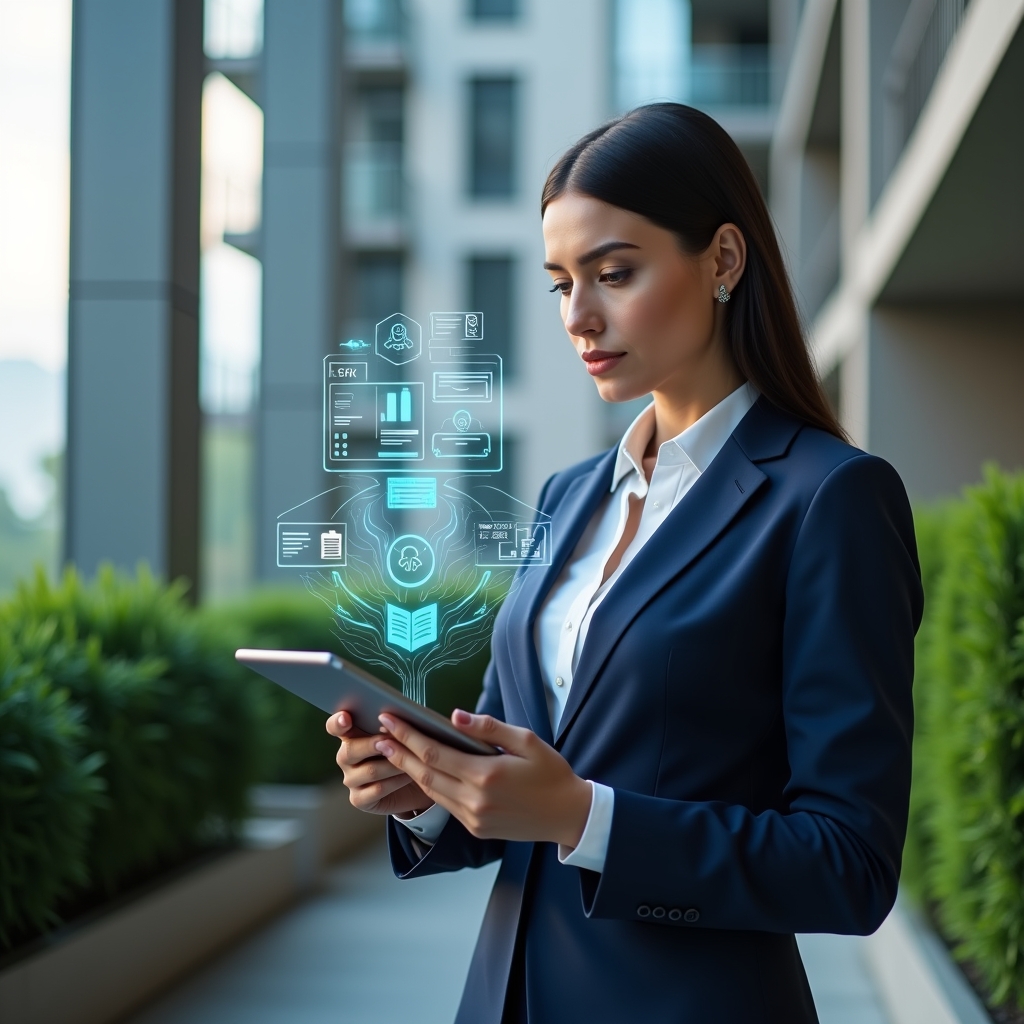 (Ultra-realistic condominium manager in a navy executive suit, set in a modern luxury condominium environment with high-rise buildings and manicured green landscaping, confidently reviewing an automated billing dashboard on a tablet with holographic invoices, notification icons and financial report elements floating around, cinematic lighting, shallow depth of field, highly detailed textures, realistic skin, photographic realism, 8k resolution --ar 1:1 --v 6)