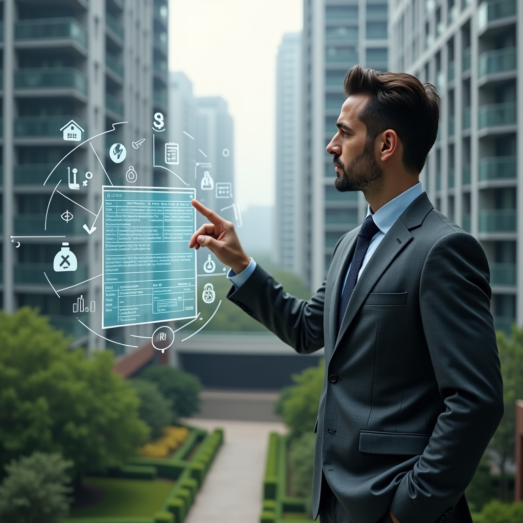 (Ultra-realistic condominium manager in a charcoal gray suit, set in a modern luxury condominium environment with high-rise buildings and meticulously landscaped gardens, mid-shot of a confident professional pointing at a floating holographic calendar with task icons and timeline indicators, subtle holographic overlays of maintenance tools and event symbols orbiting around, cinematic lighting, shallow depth of field, highly detailed textures, realistic skin, photographic realism, 8k resolution --ar 1:1 --v 6)