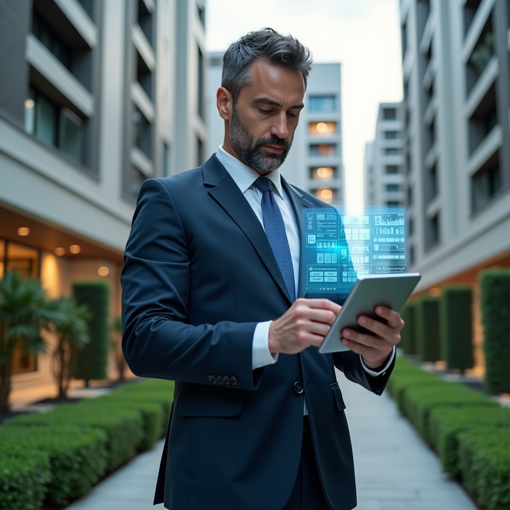 Ultra-realistic condominium property manager in a navy blue tailored suit, set in a modern luxury condominium environment with high-rise buildings and meticulously landscaped green areas, confidently reviewing a digital tablet with floating holographic icons of checklists, budget graphs and calendar reminders, cinematic lighting, shallow depth of field, highly detailed textures, realistic skin, photographic realism, 8k resolution --ar 1:1 --v 6