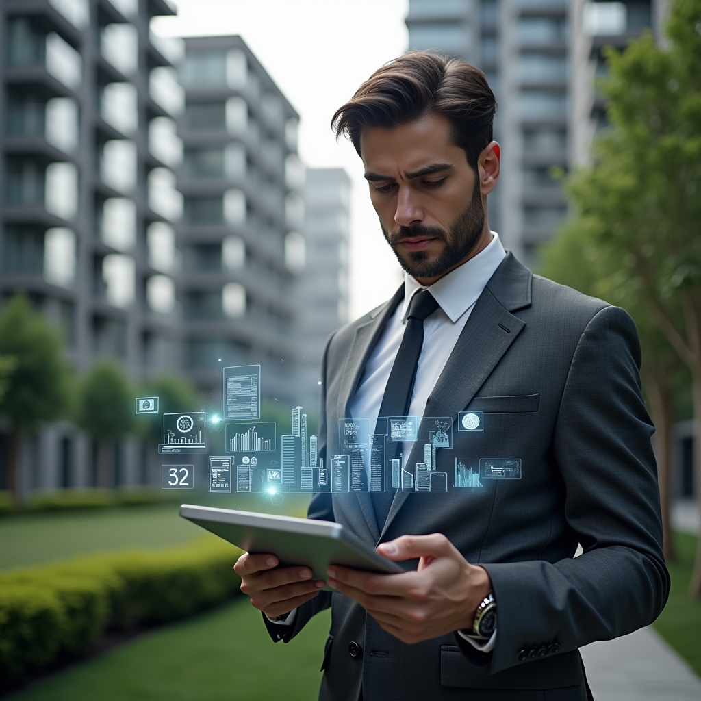 Ultra-realistic condominium manager in a charcoal gray tailored suit, set in a modern luxury condominium environment with high-rise buildings and manicured green landscaping, mid-shot of a confident professional reviewing a digital tablet displaying floating holographic budget charts and expense graphs, subtle icons of coins and bar graphs orbiting around, cinematic lighting, shallow depth of field, highly detailed textures, realistic skin, photographic realism, 8k resolution --ar 1:1 --v 6