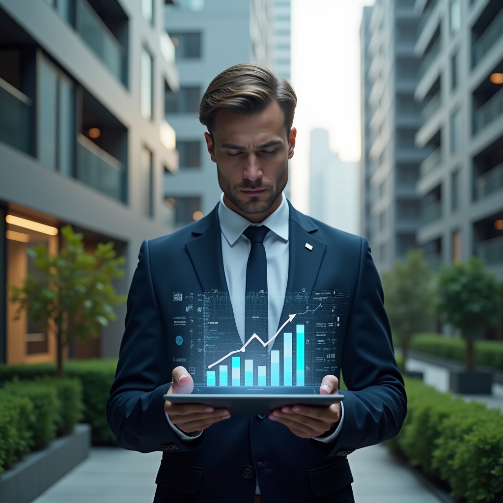 (Ultra-realistic condominium manager in a navy blue tailored suit, set in a modern luxury condominium environment with high-rise buildings and green landscaping, analyzing a floating holographic budget chart on a transparent tablet, surrounded by subtle icons of coins and graphs symbolizing expense control, cinematic lighting, shallow depth of field, highly detailed textures, realistic skin, photographic realism, 8k resolution --ar 1:1 --v 6)