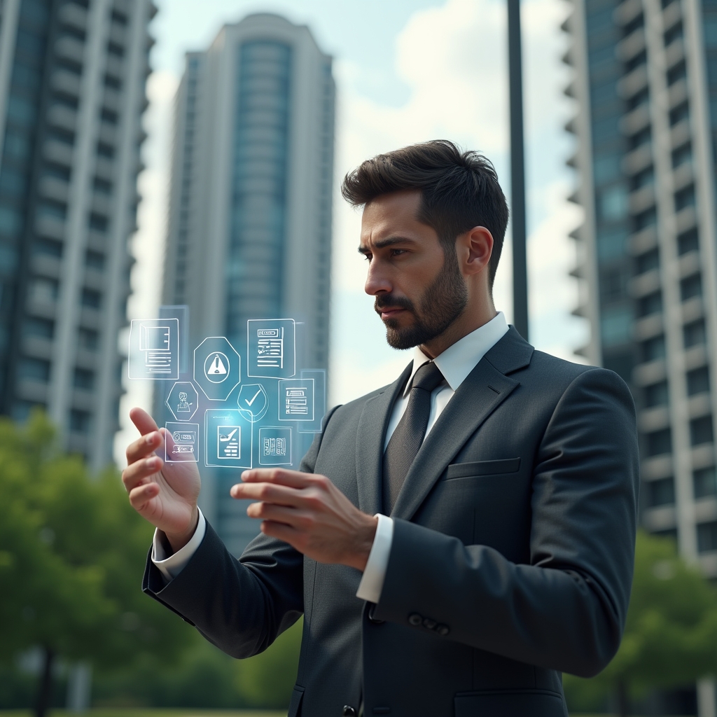 Ultra-realistic condominium manager in a dark gray tailored suit, set in a modern luxury condominium environment with high-rise buildings and green landscaping, examining a floating holographic interface of warning icons and checklists with a thoughtful expression, holographic warning symbols and digital checklist overlays around them, cinematic lighting, shallow depth of field, highly detailed textures, realistic skin, photographic realism, 8k resolution --ar 1:1 --v 6