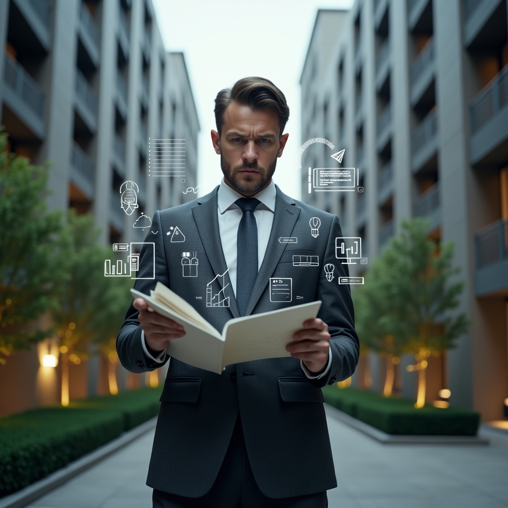 (Ultra-realistic condominium manager in a dark gray suit, set in a modern luxury condominium environment with high-rise buildings and manicured greenery, close-up of the manager analyzing holographic financial charts while holding a ledger, floating icons of receipts and graphs around them, serious and confident expression, cinematic lighting, shallow depth of field, highly detailed textures, realistic skin, photographic realism, 8k resolution --ar 1:1 --v 6)