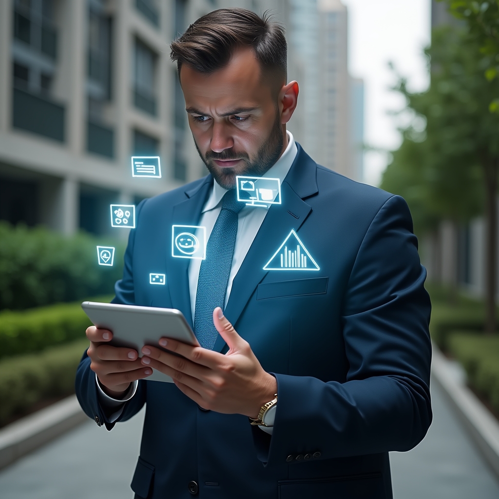 Ultra-realistic condominium manager in a navy suit, set in a modern luxury condominium environment with high-rise buildings and manicured green landscaping, holding a tablet displaying holographic warning icons and analytics charts, examining seven highlighted error symbols floating around, conveying concern and determination, cinematic lighting, shallow depth of field, highly detailed textures, realistic skin, photographic realism, 8k resolution --ar 1:1 --v 6