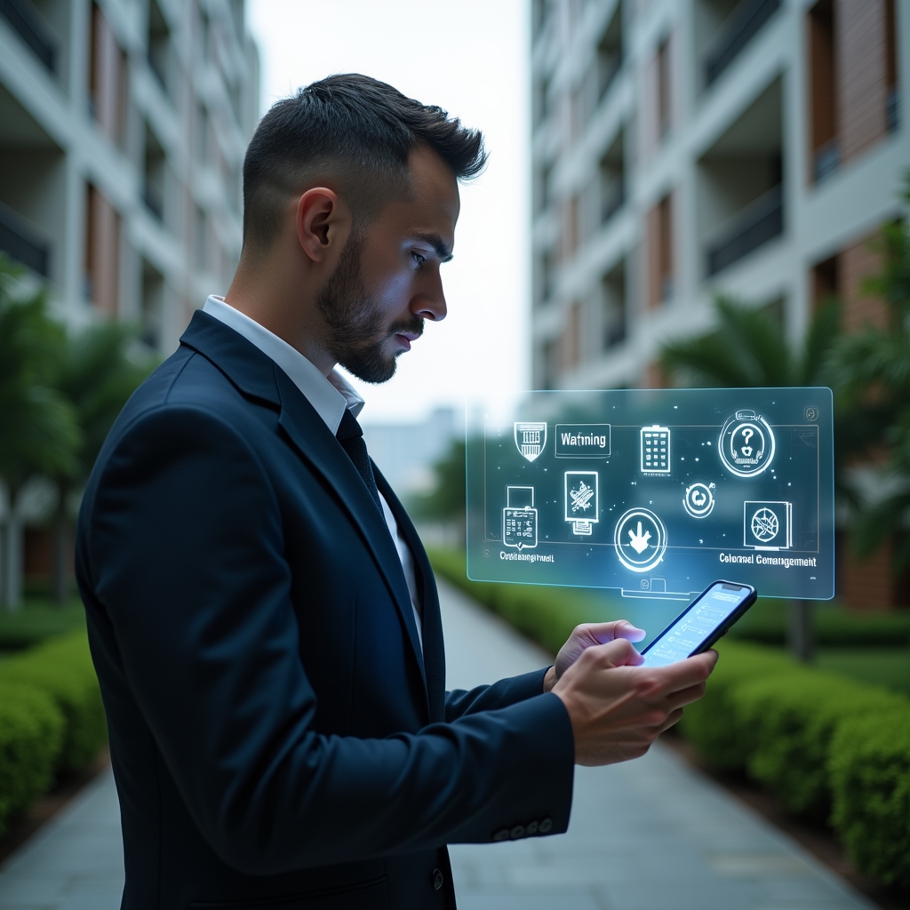 (Ultra-realistic condominium manager in a dark navy suit, set in a modern luxury condominium environment with high-rise buildings and manicured green landscaping, examining a floating holographic smartphone interface with warning icons and checklists, looking thoughtful and focused, holographic error symbols and management app icons surrounding them, cinematic lighting, shallow depth of field, highly detailed textures, realistic skin, photographic realism, 8k resolution --ar 1:1 --v 6)
