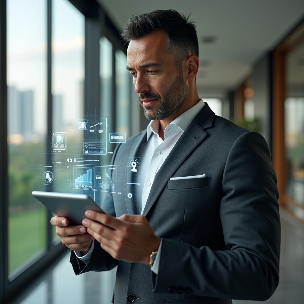 Ultra-realistic condominium manager in a dark gray executive suit, set in a modern luxury condominium environment with high-rise buildings and lush landscaping, holding a tablet displaying floating holographic app icons and error alerts, analyzing data with a focused and confident expression, subtle holographic charts and warning symbols around, cinematic lighting, shallow depth of field, highly detailed textures, realistic skin, photographic realism, 8k resolution --ar 1:1 --v 6