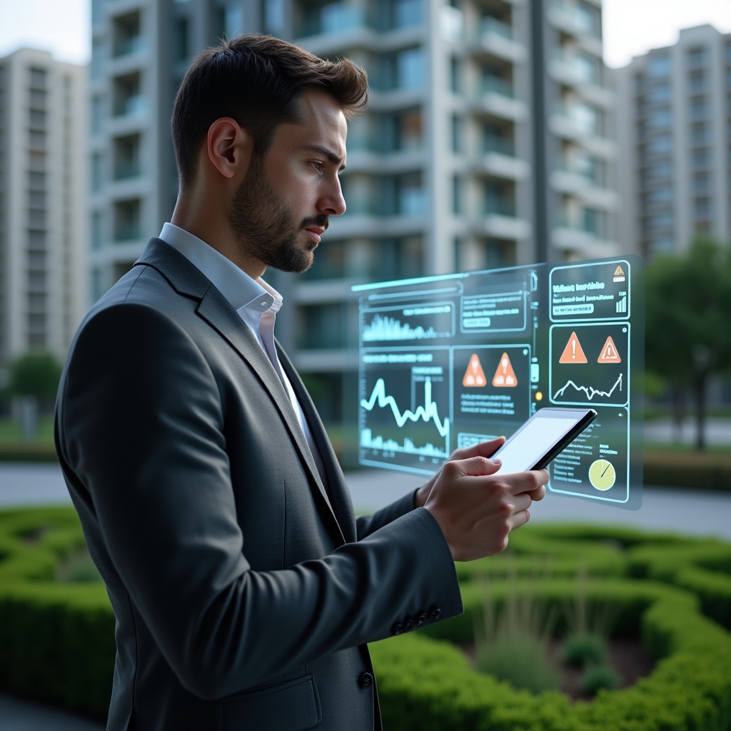 (Ultra-realistic condominium manager in a charcoal gray suit, set in a modern luxury condominium environment with high-rise buildings and manicured green landscaping, holding a tablet and examining a holographic interface displaying warning icons and error notifications related to a management app, holographic charts and alert symbols floating beside, focused and analytical expression, cinematic lighting, shallow depth of field, highly detailed textures, realistic skin, photographic realism, 8k resolution --ar 1:1 --v 6)