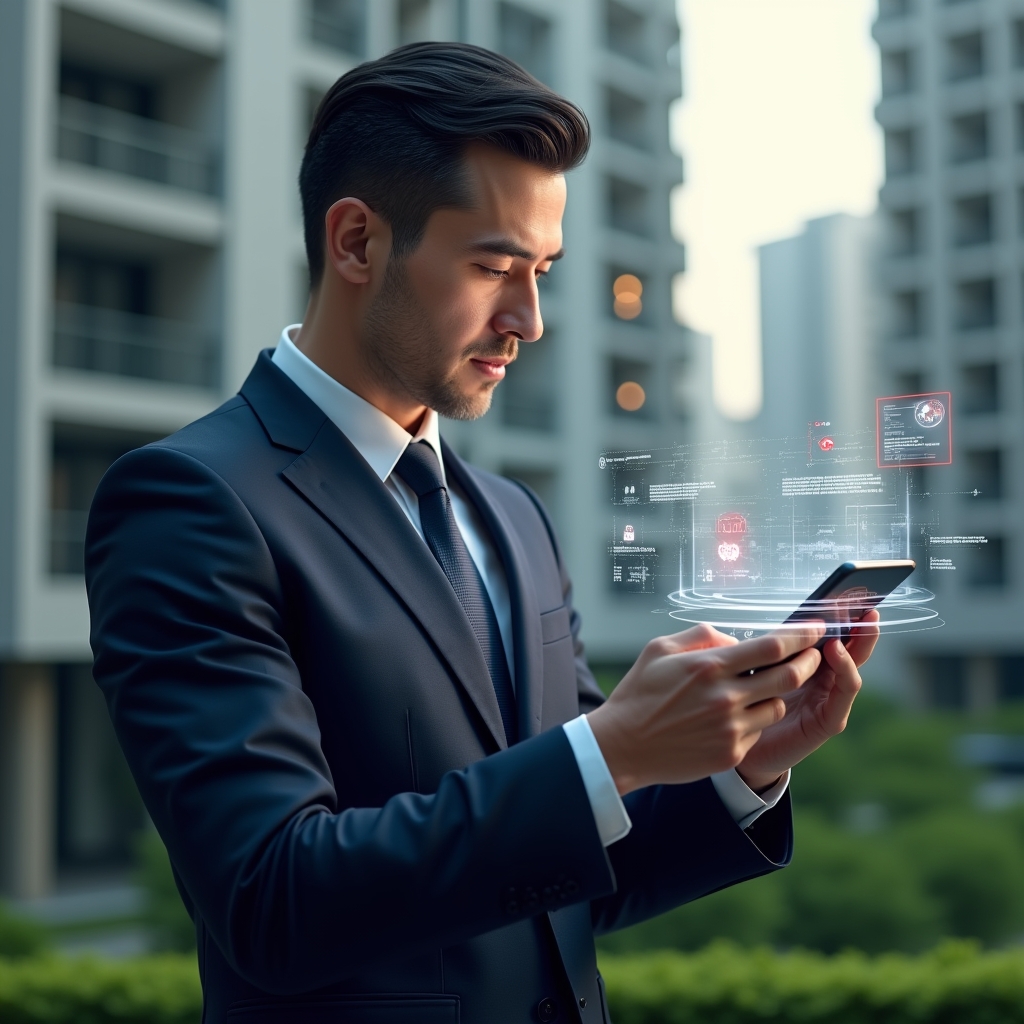 (Ultra-realistic condominium manager in a navy suit, set in a modern luxury condominium environment with high-rise buildings and lush green landscaping, looking thoughtfully at a floating holographic smartphone interface displaying red warning icons, holographic UI elements representing finance, communication and security alerts, cinematic lighting, shallow depth of field, highly detailed textures, realistic skin, photographic realism, 8k resolution --ar 1:1 --v 6)