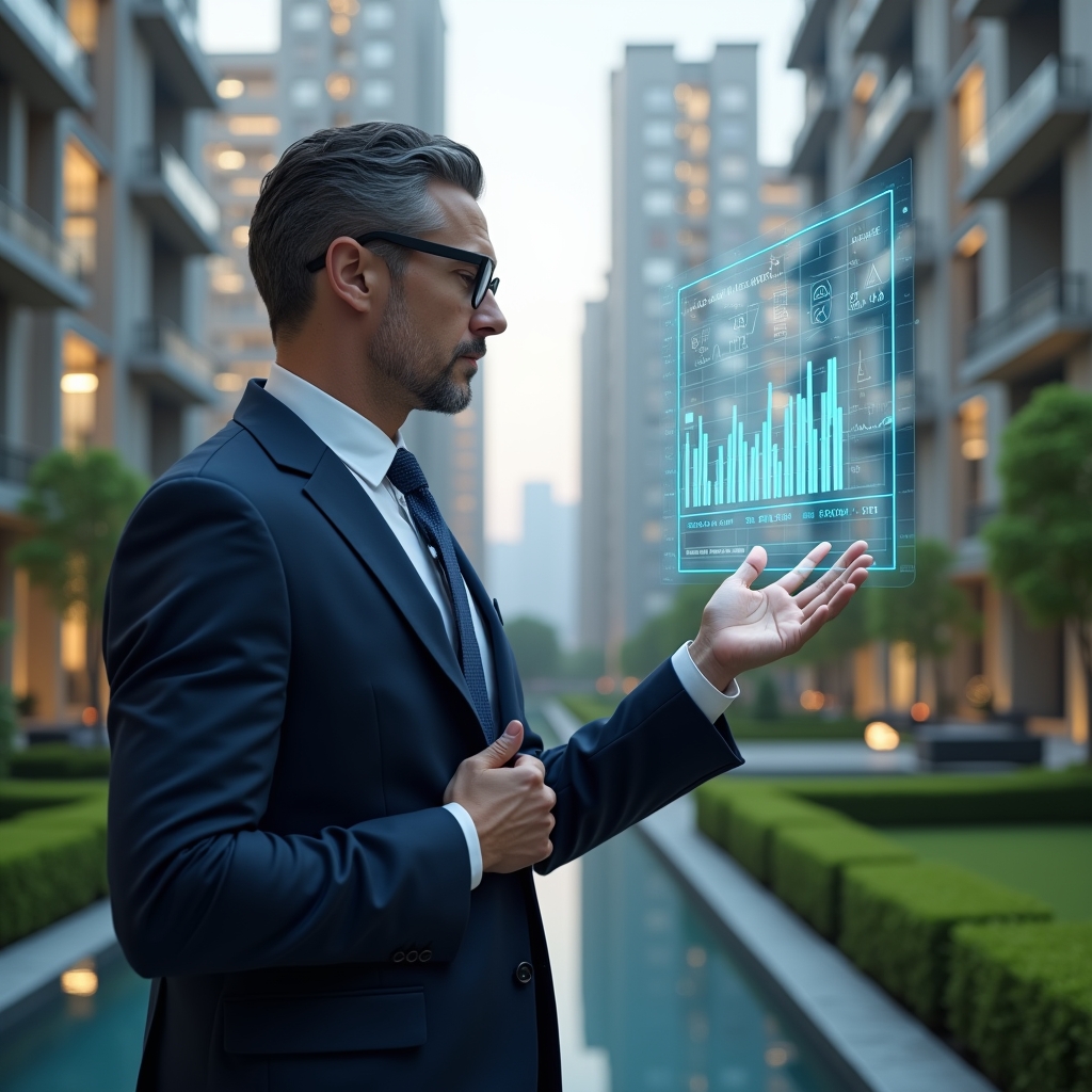 Ultra-realistic condominium manager in a navy suit, set in a modern luxury condominium environment with high-rise buildings and manicured green landscaping, mid-shot of a thoughtful manager reviewing floating holographic financial charts and a digital ledger icon symbolizing transparent accounting, cinematic lighting, shallow depth of field, highly detailed textures, realistic skin, photographic realism, 8k resolution --ar 1:1 --v 6