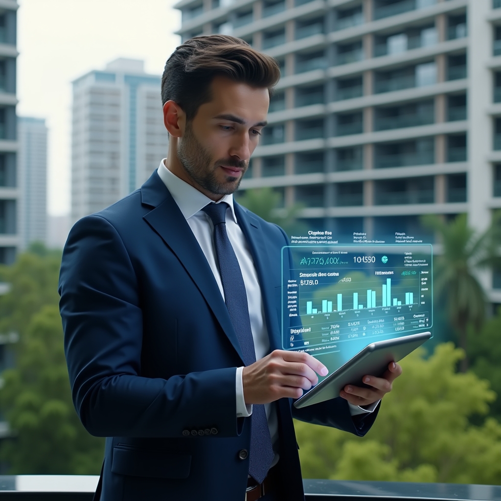 Ultra-realistic condominium manager in a navy blue tailored suit, set in a modern luxury condominium environment with high-rise buildings and lush green landscaping, mid-shot of the manager reviewing a holographic financial report projected above a tablet with warning icons highlighting errors, focused and confident expression, cinematic lighting, shallow depth of field, highly detailed textures, realistic skin, photographic realism, 8k resolution --ar 1:1 --v 6
