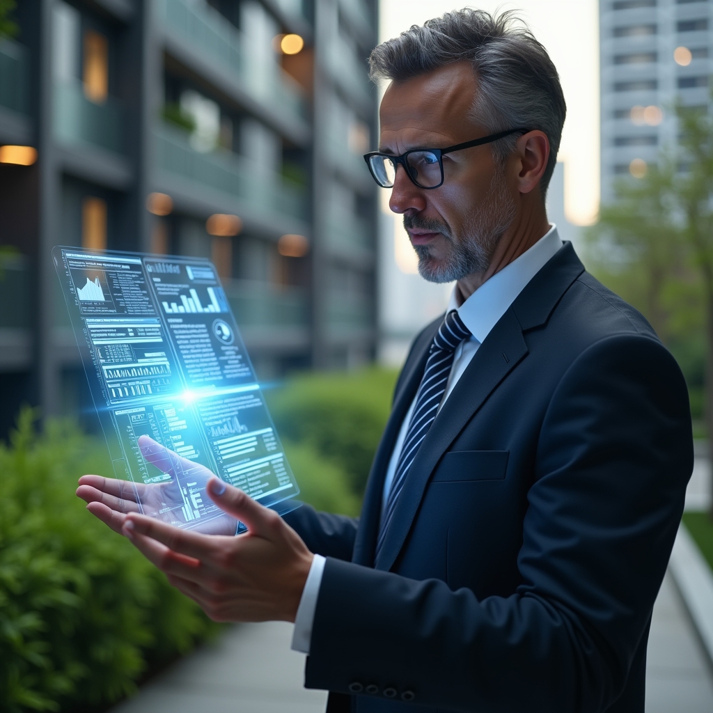 Ultra-realistic condominium manager in a tailored dark navy suit, set in a modern luxury condominium environment with high-rise buildings and manicured green landscaping, medium close-up of a focused professional reviewing a floating holographic financial report with charts and spreadsheets, cinematic lighting, shallow depth of field, highly detailed textures, realistic skin, photographic realism, 8k resolution --ar 1:1 --v 6