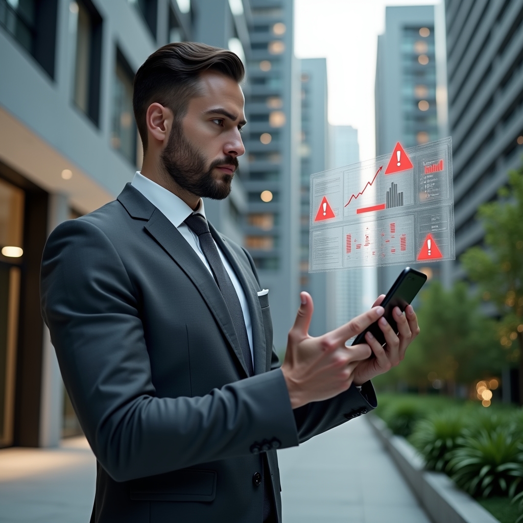Ultra-realistic condominium manager in a charcoal gray suit, set in a modern luxury condominium environment with high-rise buildings and manicured greenery, mid-shot of a focused professional reviewing a holographic financial report with red exclamation error icons floating beside transparent spreadsheets, cinematic lighting, shallow depth of field, highly detailed textures, realistic skin, photographic realism, 8k resolution --ar 1:1 --v 6