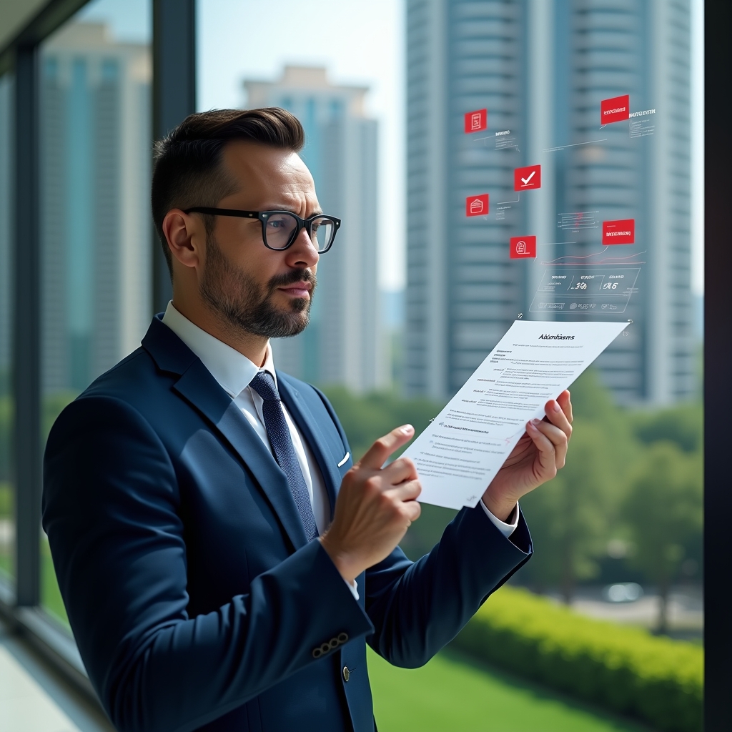 Ultra-realistic condominium manager in a navy blue suit, set in a modern luxury condominium environment with high-rise buildings and manicured green landscaping, analyzing floating holographic financial reports with red flags and check marks, serious and confident expression, cinematic lighting, shallow depth of field, highly detailed textures, realistic skin, photographic realism, 8k resolution --ar 1:1 --v 6