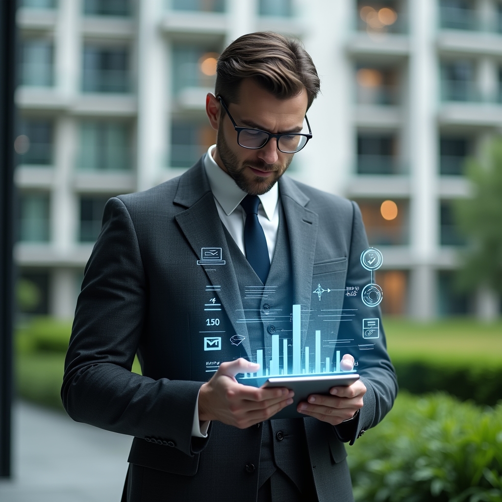 (Ultra-realistic condominium manager in a charcoal gray tailored suit, set in a modern luxury condominium environment with high-rise buildings and manicured green landscaping, reviewing a transparent holographic financial report projected above a sleek tablet, serious and focused expression, floating icons of charts and checklists around them, cinematic lighting, shallow depth of field, highly detailed textures, realistic skin, photographic realism, 8k resolution --ar 1:1 --v 6)