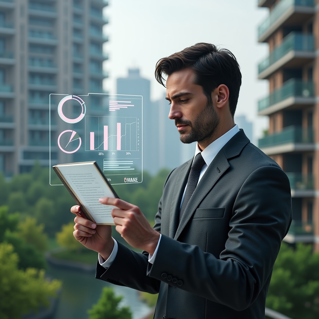 Ultra-realistic condominium manager in a charcoal gray suit, set in a modern luxury condominium environment with high-rise buildings and manicured greenery, analyzing a holographic financial report with floating pie charts and ledger icons, serious and confident expression, cinematic lighting, shallow depth of field, highly detailed textures, realistic skin, photographic realism, 8k resolution --ar 1:1 --v 6