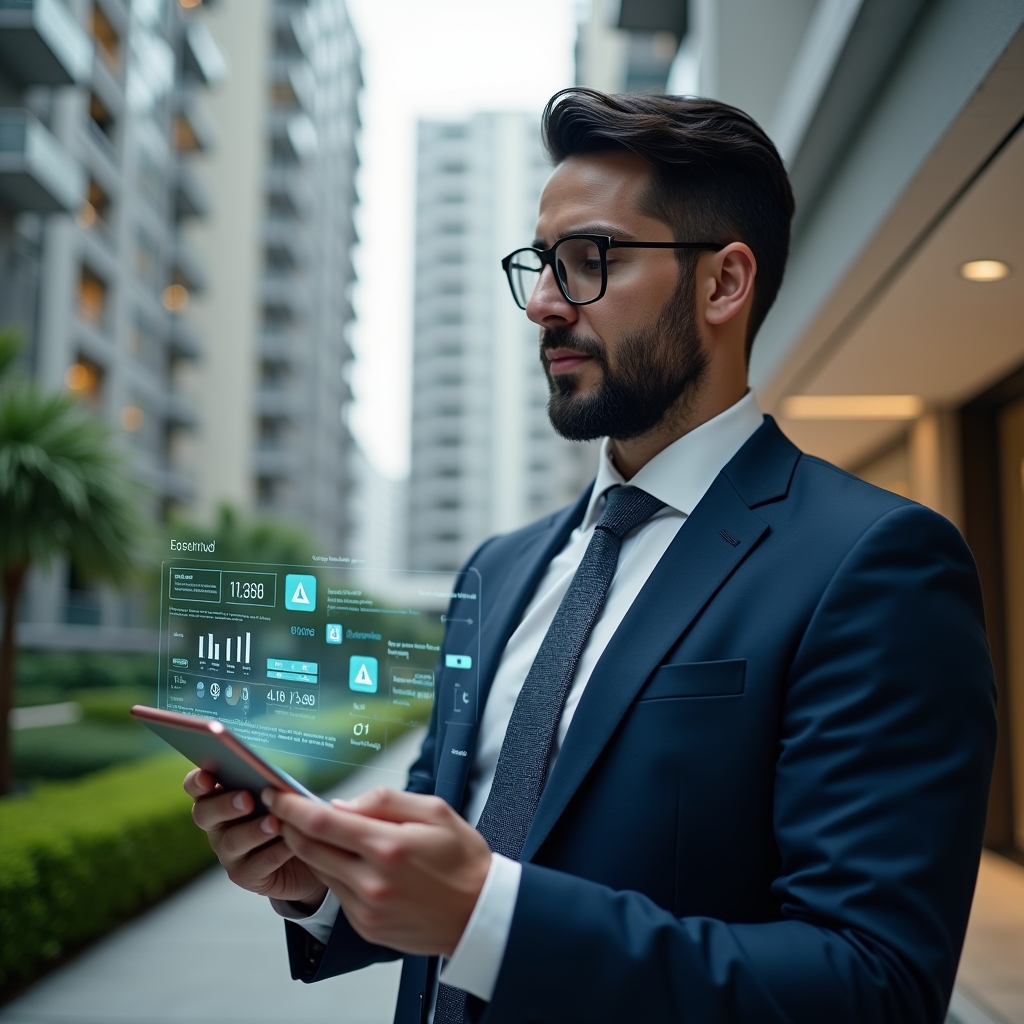 (Ultra-realistic condominium manager in a navy suit, set in a modern luxury condominium environment with high-rise buildings and manicured green landscaping, holding a tablet displaying holographic error icons and analytics charts, looking thoughtful and focused as if diagnosing app issues, floating holographic UI elements with warning symbols, cinematic lighting, shallow depth of field, highly detailed textures, realistic skin, photographic realism, 8k resolution --ar 1:1 --v 6)