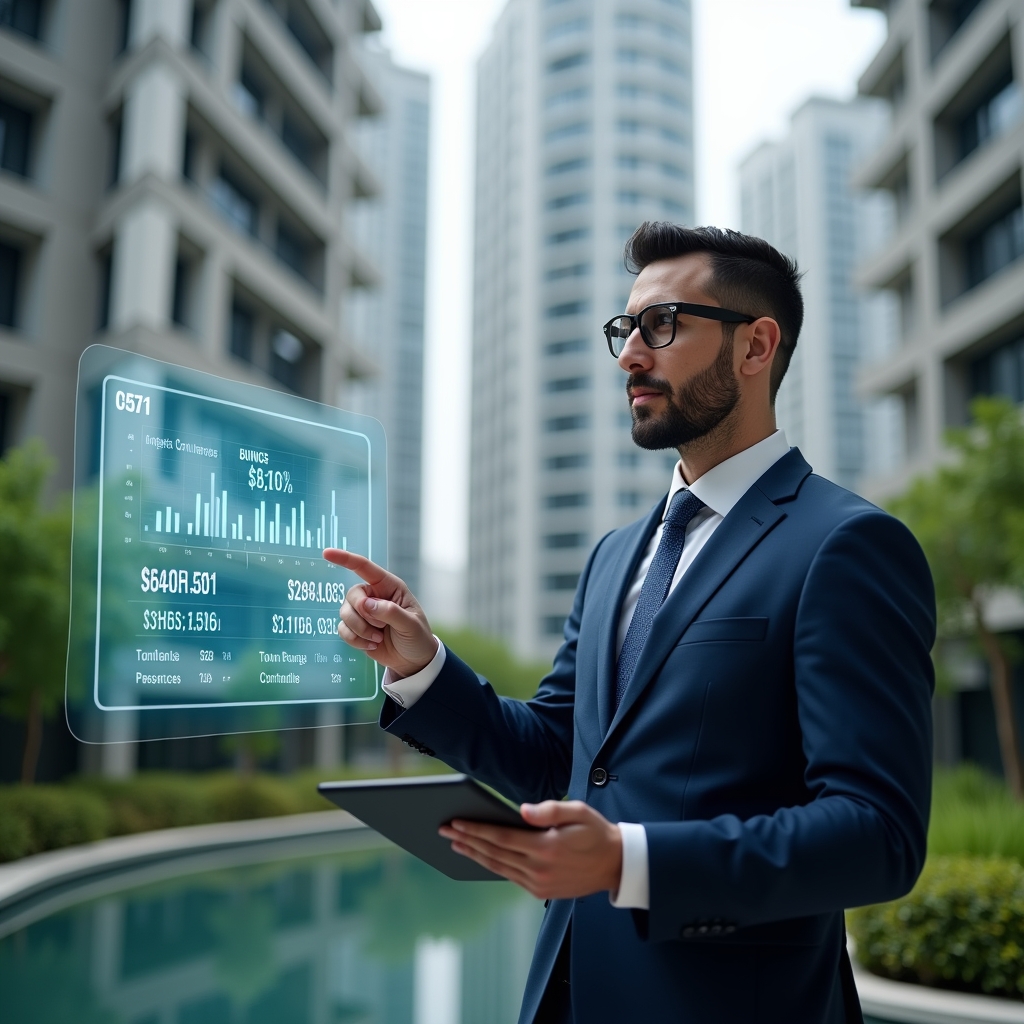 Ultra-realistic condominium manager in a navy blue suit, set in a modern luxury condominium environment with high-rise buildings and lush green landscaping, holding a digital tablet and pointing at a floating holographic budget chart displaying expense controls, confident and analytical expression, cinematic lighting, shallow depth of field, highly detailed textures, realistic skin, photographic realism, 8k resolution --ar 1:1 --v 6