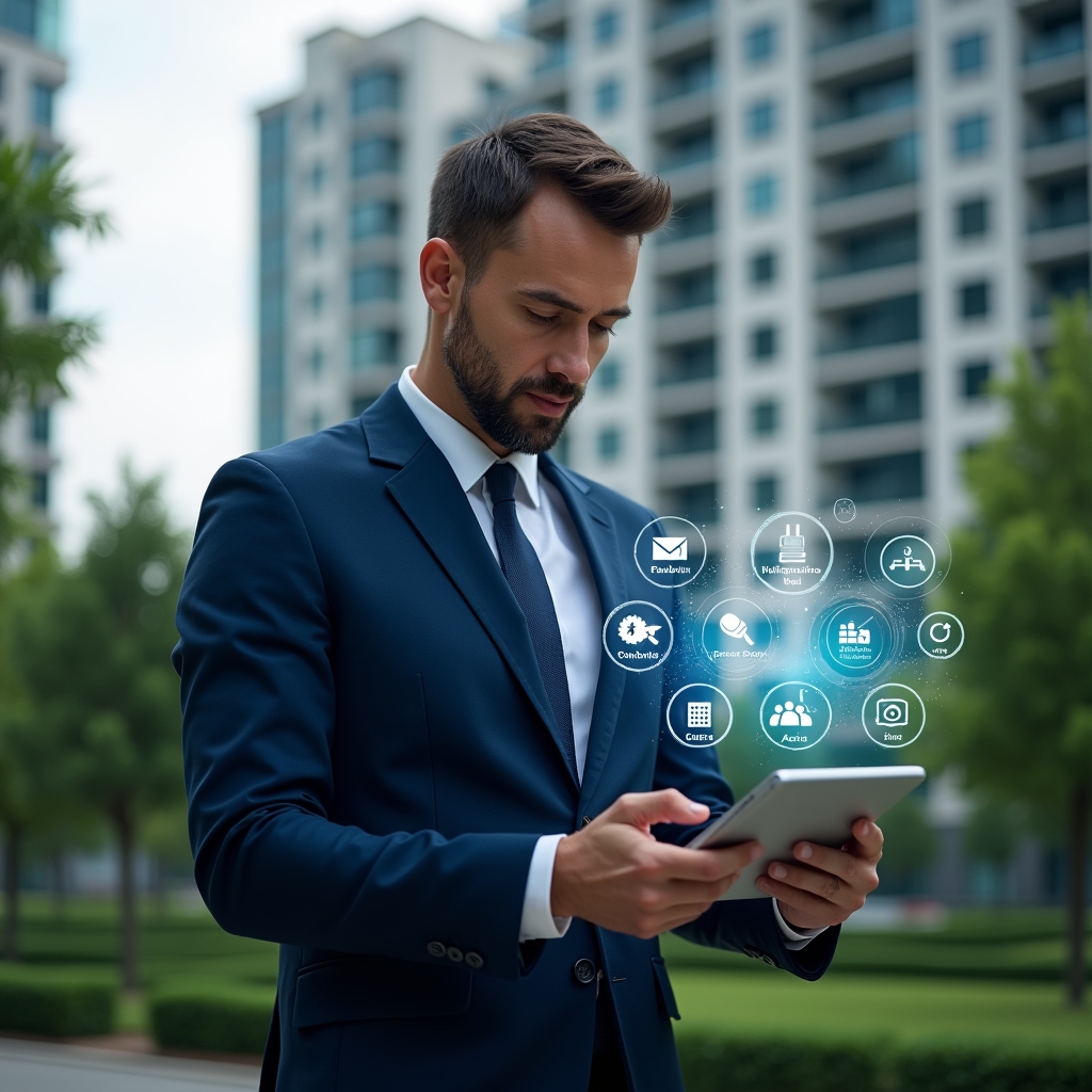 (Ultra-realistic condominium manager in a navy-blue executive suit, set in a modern luxury condominium environment with high-rise buildings and manicured green gardens, holding a tablet projecting holographic icons for communication, finance, reservations, maintenance, access control, document management, and analytics, confidently examining the interface with focused expression, cinematic lighting, shallow depth of field, highly detailed textures, realistic skin, photographic realism, 8k resolution --ar 1:1 --v 6)