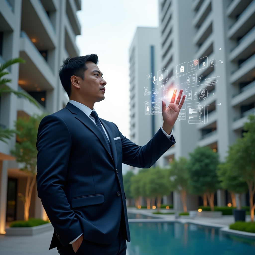 Ultra-realistic condominium manager in a tailored navy suit, set in a modern luxury condominium environment with high-rise buildings and lush green landscaping, interacting with a floating holographic interface displaying communication bubbles, financial charts and security shield icons, confident expression, cinematic lighting, shallow depth of field, highly detailed textures, realistic skin, photographic realism, 8k resolution --ar 1:1 --v 6
