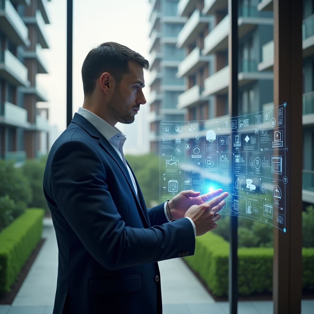 Ultra-realistic condominium manager in a navy blue suit, set in a modern luxury condominium environment with high-rise buildings and lush green landscaping, confidently interacting with a holographic interface showing icons for security locks, chat notifications, calendar bookings and financial graphs, cinematic lighting, shallow depth of field, highly detailed textures, realistic skin, photographic realism, 8k resolution --ar 1:1 --v 6