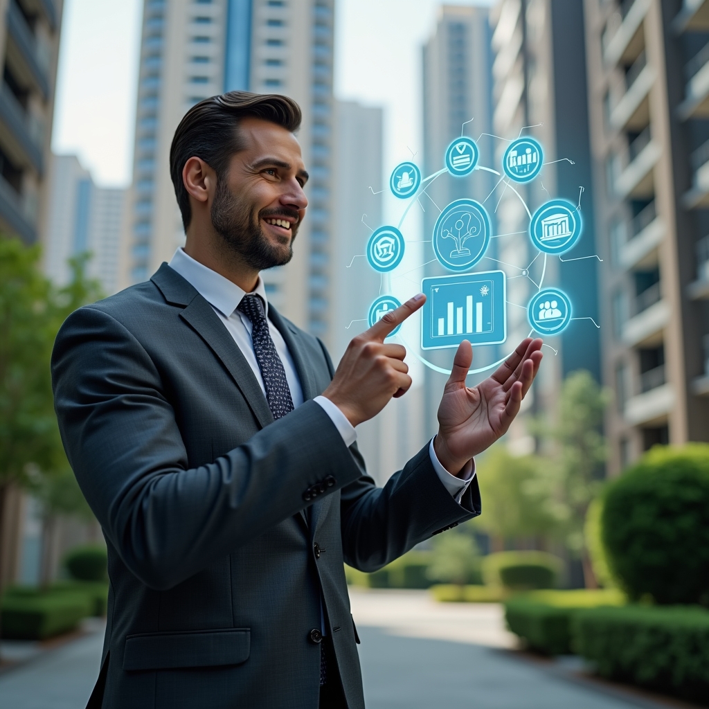 (Ultra-realistic condominium property manager in a tailored dark gray suit, set in a modern luxury condominium environment with high-rise buildings and lush green landscaping, interacting with a floating holographic interface displaying seven app function icons—calendar reservation, financial charts, chat bubbles, access control, maintenance alerts, analytics graphs, mobile notification—while confidently tapping one icon with a slight smile, cinematic lighting, shallow depth of field, highly detailed textures, realistic skin, photographic realism, 8k resolution --ar 1:1 --v 6)