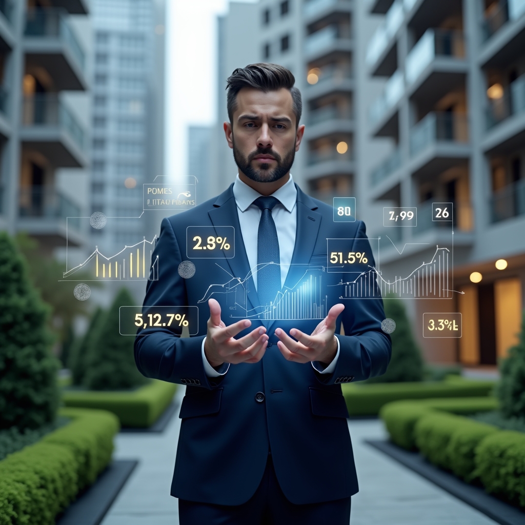 (Ultra-realistic condominium manager in a dark blue executive suit, set in a modern luxury condominium environment with high-rise buildings and manicured green landscaping, mid shot of a confident professional analyzing floating holographic financial charts and graphs, with glowing percentage icons and currency symbols surrounding them, cinematic lighting, shallow depth of field, highly detailed textures, realistic skin, photographic realism, 8k resolution --ar 1:1 --v 6)