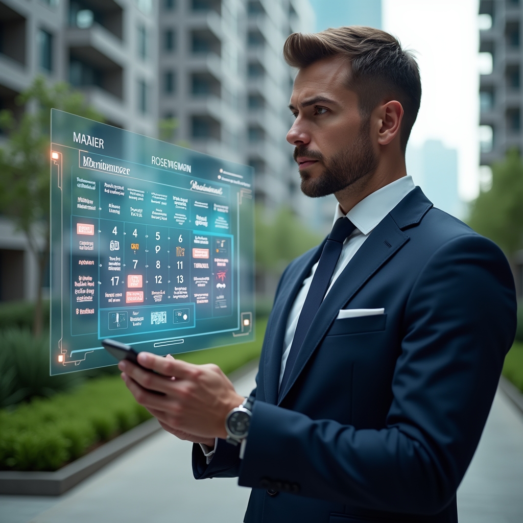 Ultra-realistic condominium manager in a tailored navy suit, set in a modern luxury condominium environment with high-rise buildings and meticulously landscaped gardens, reviewing a holographic calendar with colorful reminder icons for assemblies, maintenance tools, financial charts, and community engagement messages, confident and focused expression, cinematic lighting, shallow depth of field, highly detailed textures, realistic skin, photographic realism, 8k resolution --ar 1:1 --v 6