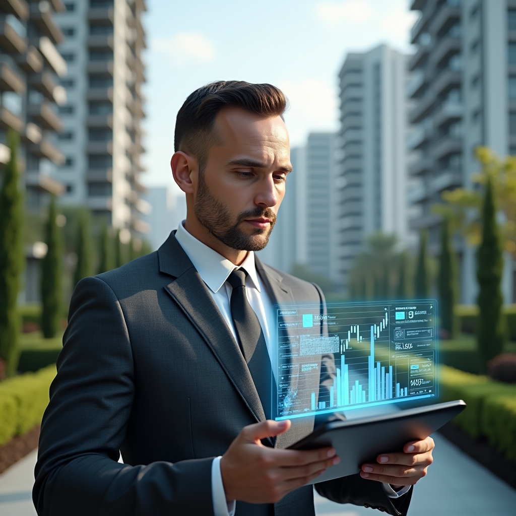 Ultra-realistic condominium manager in a charcoal gray business suit, set in a modern luxury condominium environment with high-rise buildings and well-manicured green landscaping, holding a tablet displaying a holographic budget projection, analyzing floating financial graphs and charts symbolizing expense forecasting, confident and thoughtful expression, cinematic lighting, shallow depth of field, highly detailed textures, realistic skin, photographic realism, 8k resolution --ar 1:1 --v 6