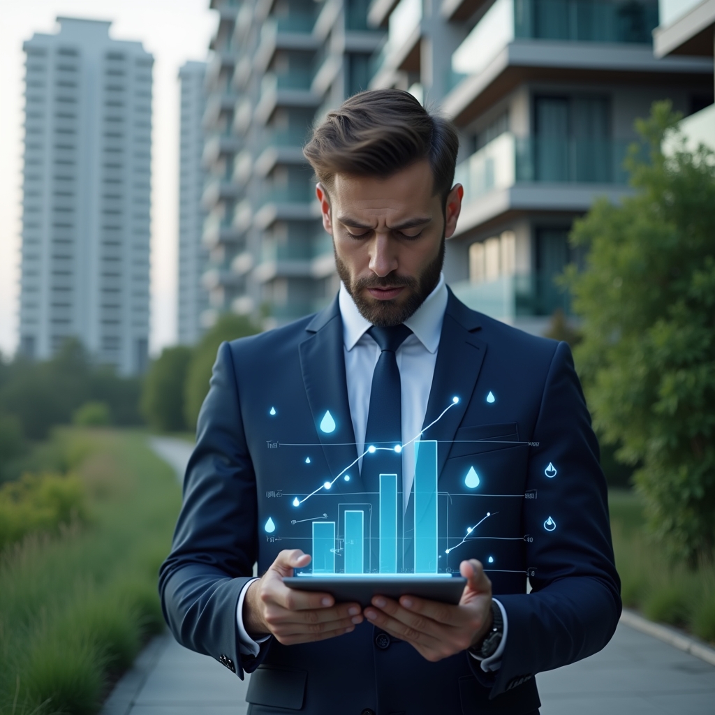 (Ultra-realistic condominium manager in a dark blue suit, set in a modern luxury condominium environment with high-rise buildings and lush green landscaping, medium shot, reviewing a holographic bar chart on a digital tablet with floating icons of water droplets and electric bolts, expression concerned yet determined, cinematic lighting, shallow depth of field, highly detailed textures, realistic skin, photographic realism, 8k resolution --ar 1:1 --v 6)