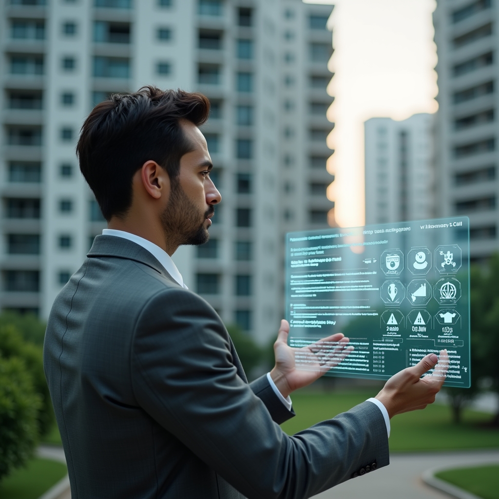 Ultra-realistic condominium manager in a tailored gray suit, set in a modern luxury condominium environment with high-rise buildings and manicured greenery, examining a semi-transparent holographic dashboard showing warning icons and obsolete system alerts, thoughtful and confident expression, cinematic lighting, shallow depth of field, highly detailed textures, realistic skin, photographic realism, 8k resolution --ar 1:1 --v 6