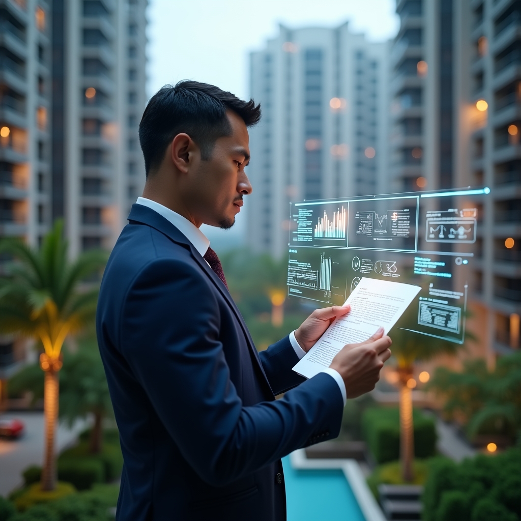 (Ultra-realistic condominium manager in a navy executive suit, set in a modern luxury condominium environment with high-rise buildings and meticulously landscaped greenery, holding and analyzing a floating holographic financial report with glowing charts and graphs, confidently tapping on virtual alert icons, cinematic lighting, shallow depth of field, highly detailed textures, realistic skin, photographic realism, 8k resolution --ar 1:1 --v 6)