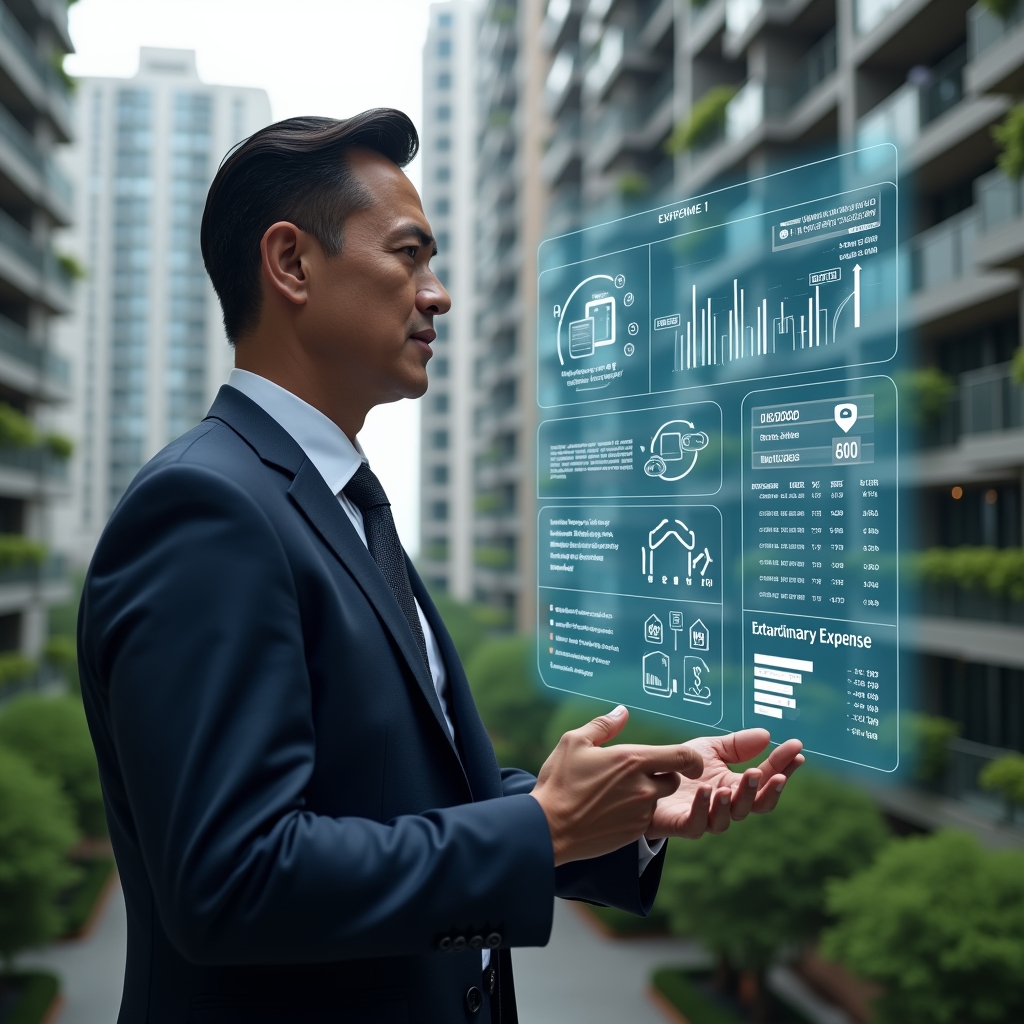 Ultra-realistic condo manager in a navy suit, set in a modern luxury condominium environment with high-rise buildings and lush green landscaping, reviewing a floating holographic financial report with expense charts and “extraordinary expense” icons, confident and analytical expression, cinematic lighting, shallow depth of field, highly detailed textures, realistic skin, photographic realism, 8k resolution --ar 1:1 --v 6