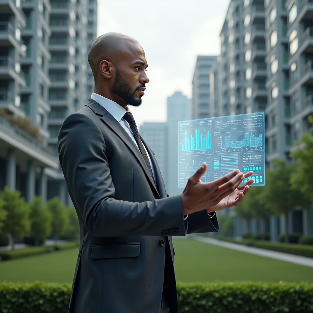 Ultra-realistic condominium manager in a charcoal executive suit, set in a modern luxury condominium environment with high-rise buildings and manicured green landscaping, examining a floating holographic dashboard displaying financial charts, visitor maps, maintenance alerts and document icons, confident and focused expression, cinematic lighting, shallow depth of field, highly detailed textures, realistic skin, photographic realism, 8k resolution --ar 1:1 --v 6