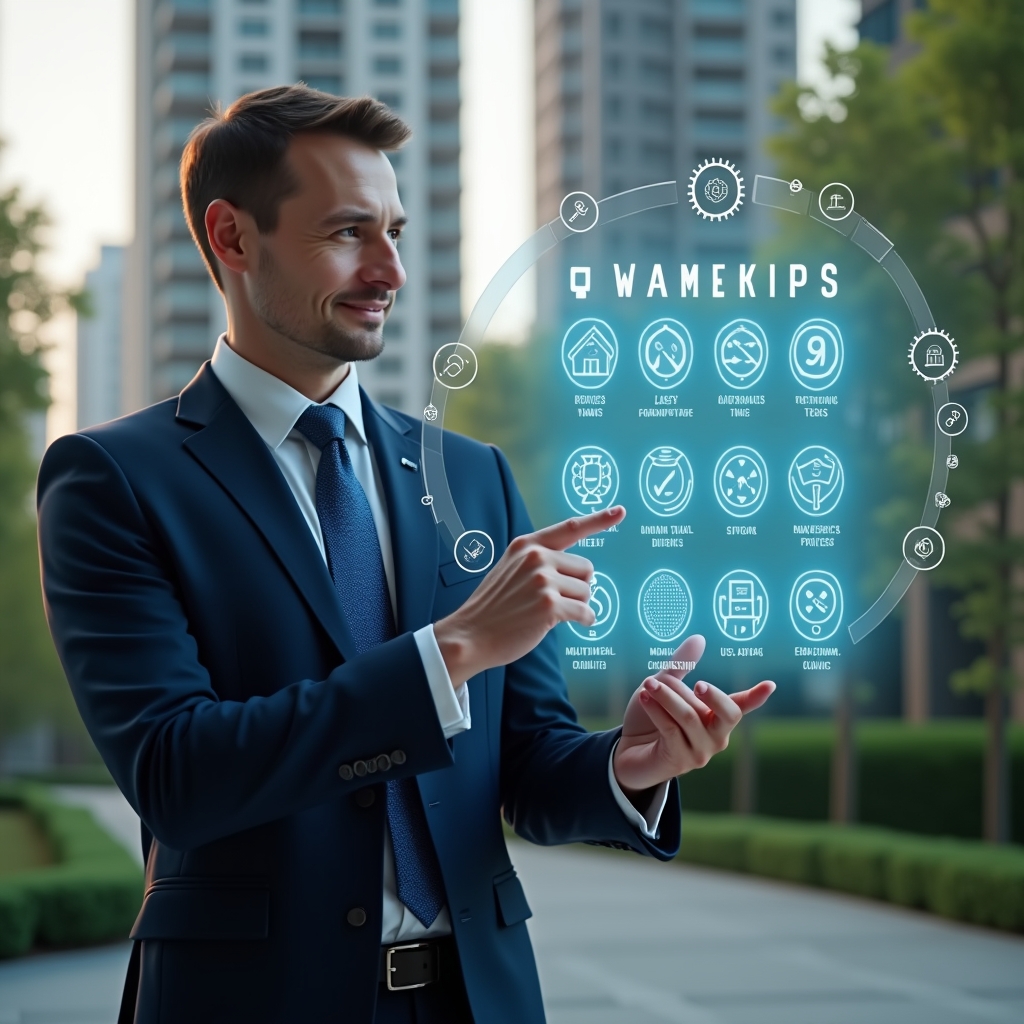 Ultra-realistic condominium manager in a navy executive suit, set in a modern luxury condominium environment with high-rise buildings and lush green landscaping, confidently interacting with a floating holographic schedule of tasks and maintenance icons, pointing at a calendar with checkmarks and gears symbolizing automation, cinematic lighting, shallow depth of field, highly detailed textures, realistic skin, photographic realism, 8k resolution --ar 1:1 --v 6
