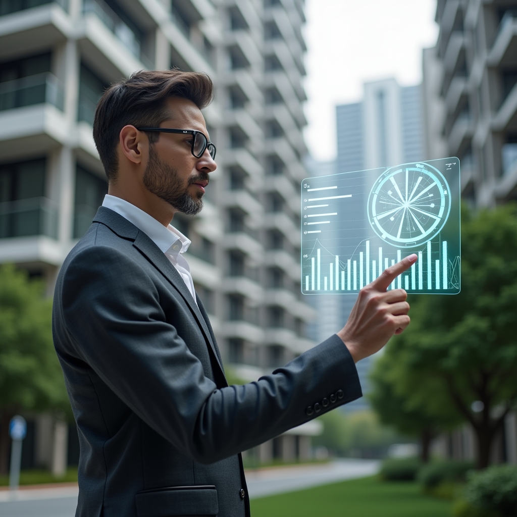 (Ultra-realistic condominium manager in a charcoal gray suit, set in a modern luxury condominium environment with high-rise buildings and manicured green landscaping, reviewing holographic financial charts with a confident, analytical expression, pointing at a floating pie chart symbolizing transparent accounting, cinematic lighting, shallow depth of field, highly detailed textures, realistic skin, photographic realism, 8k resolution --ar 1:1 --v 6)