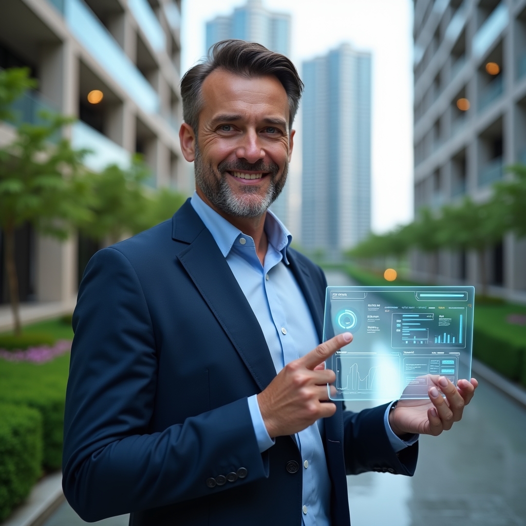 Ultra-realistic professional property manager in a navy blue suit, set in a modern luxury condominium environment with high-rise buildings and lush green landscaping, interacting with a transparent holographic financial dashboard symbolizing open accounting, confident and approachable expression, cinematic lighting, shallow depth of field, highly detailed textures, realistic skin, photographic realism, 8k resolution --ar 1:1 --v 6