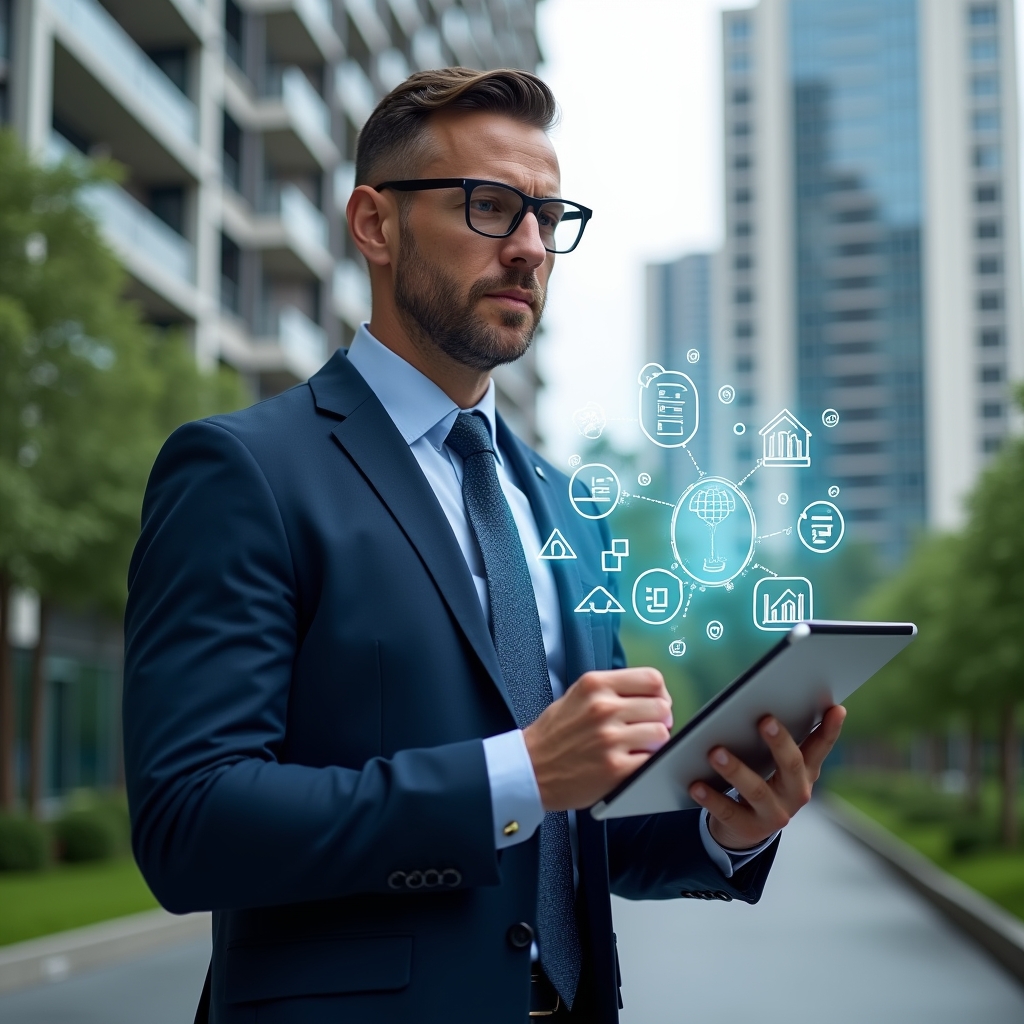 Ultra-realistic condominium manager in a tailored navy blue suit, set in a modern luxury condominium environment with high-rise buildings and lush green landscaping, holding a tablet displaying a holographic dashboard of digital management tools, confident and focused expression, surrounded by floating holographic icons of charts, communication bubbles, and checklists, cinematic lighting, shallow depth of field, highly detailed textures, realistic skin, photographic realism, 8k resolution --ar 1:1 --v 6