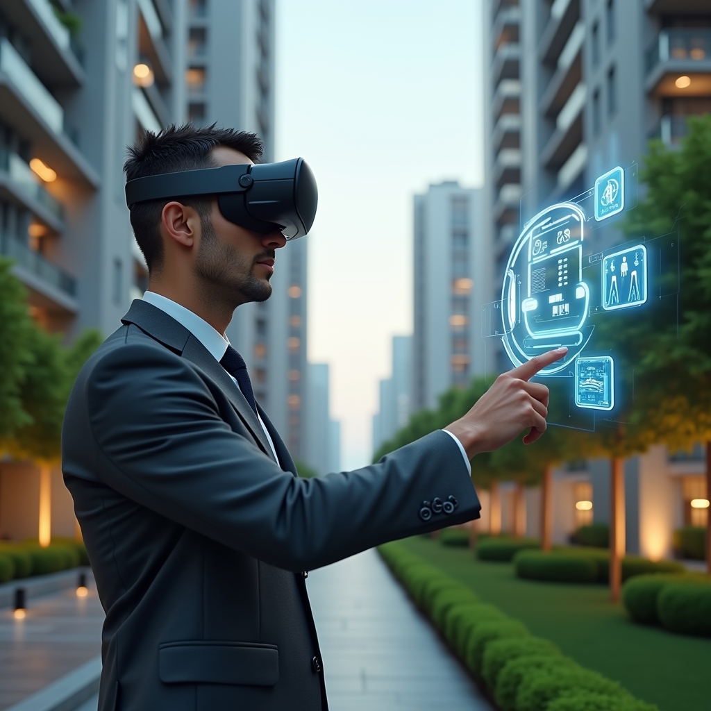 Ultra-realistic condominium manager in a charcoal gray executive suit, set in a modern luxury condominium environment with high-rise buildings and manicured green landscaping, standing in a medium shot confidently pointing at a floating holographic interface displaying icons for workflows, cost reduction graphs, and community engagement symbols, cinematic lighting, shallow depth of field, highly detailed textures, realistic skin, photographic realism, 8k resolution --ar 1:1 --v 6