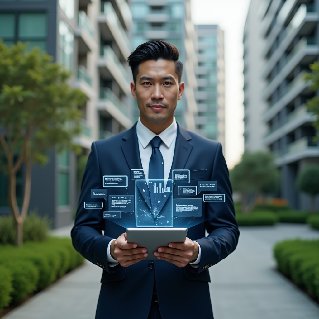 Ultra-realistic condominium manager in a tailored navy suit, set in a modern luxury condominium environment with high-rise buildings and lush green landscaping, holding a tablet displaying a sleek digital dashboard, holographic icons of bills, documents, and chat messages floating around, confident and focused expression, cinematic lighting, shallow depth of field, highly detailed textures, realistic skin, photographic realism, 8k resolution --ar 1:1 --v 6