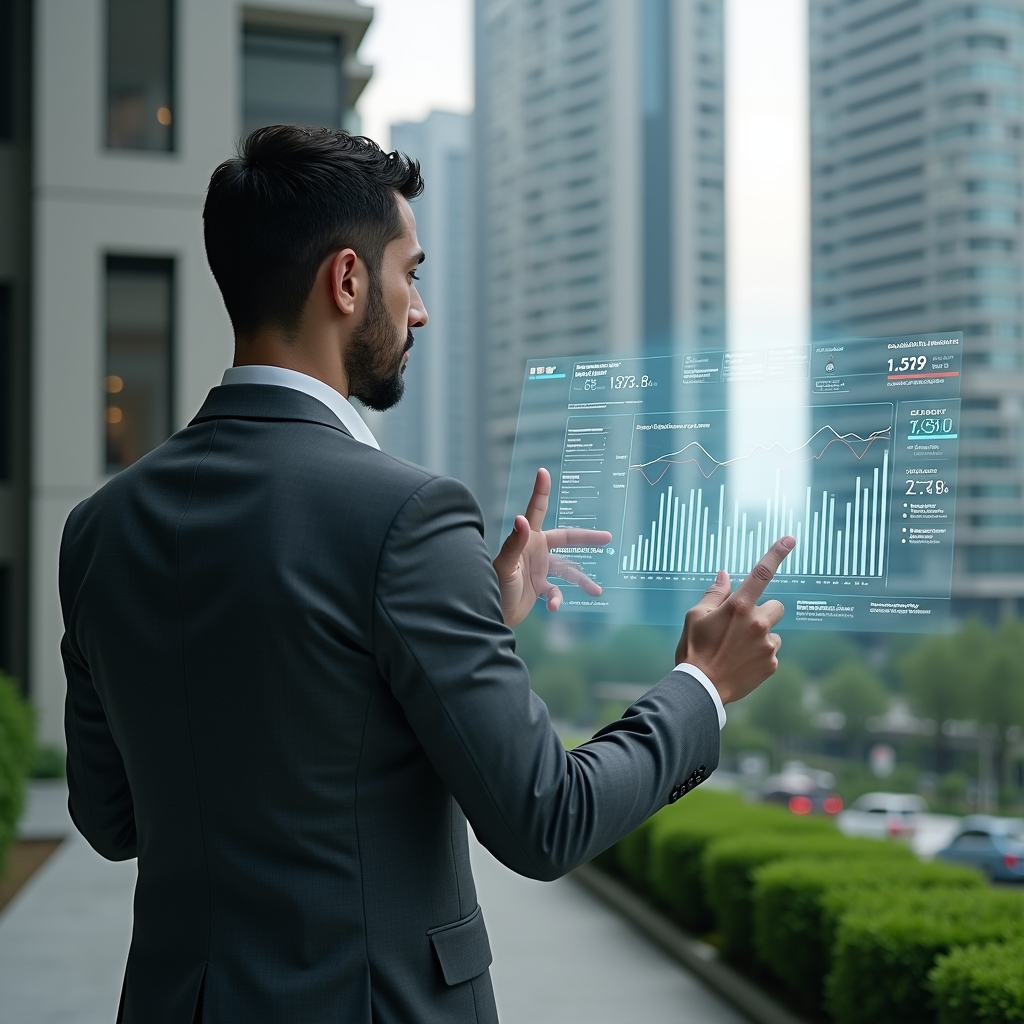 Ultra-realistic condominium manager in a charcoal gray suit, set in a modern luxury condominium environment with high-rise buildings and manicured green landscaping, interacting with a floating holographic dashboard displaying financial graphs, communication alerts, maintenance checklists, compliance certificates and automation icons, cinematic lighting, shallow depth of field, highly detailed textures, realistic skin, photographic realism, 8k resolution --ar 1:1 --v 6