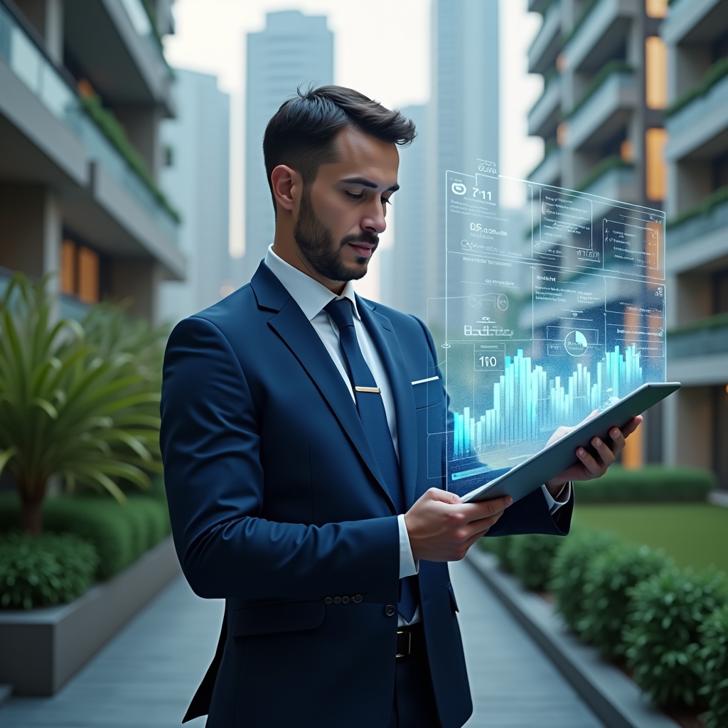 (Ultra-realistic condominium manager in a tailored dark blue suit, set in a modern luxury condominium environment with high-rise buildings and lush green landscaping, confidently analyzing holographic financial reports projected before them, floating 3D charts and icons symbolizing transparency and automated accounting, cinematic lighting, shallow depth of field, highly detailed textures, realistic skin, photographic realism, 8k resolution --ar 1:1 --v 6)