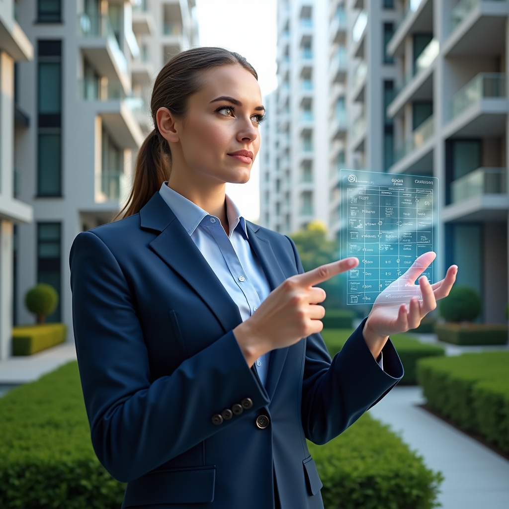 Ultra-realistic condominium manager in a navy blue suit, set in a modern luxury condominium environment with high-rise buildings and manicured green landscaping, holding and pointing at a floating holographic activity schedule with timelines and task icons, confident and focused expression, cinematic lighting, shallow depth of field, highly detailed textures, realistic skin, photographic realism, 8k resolution --ar 1:1 --v 6