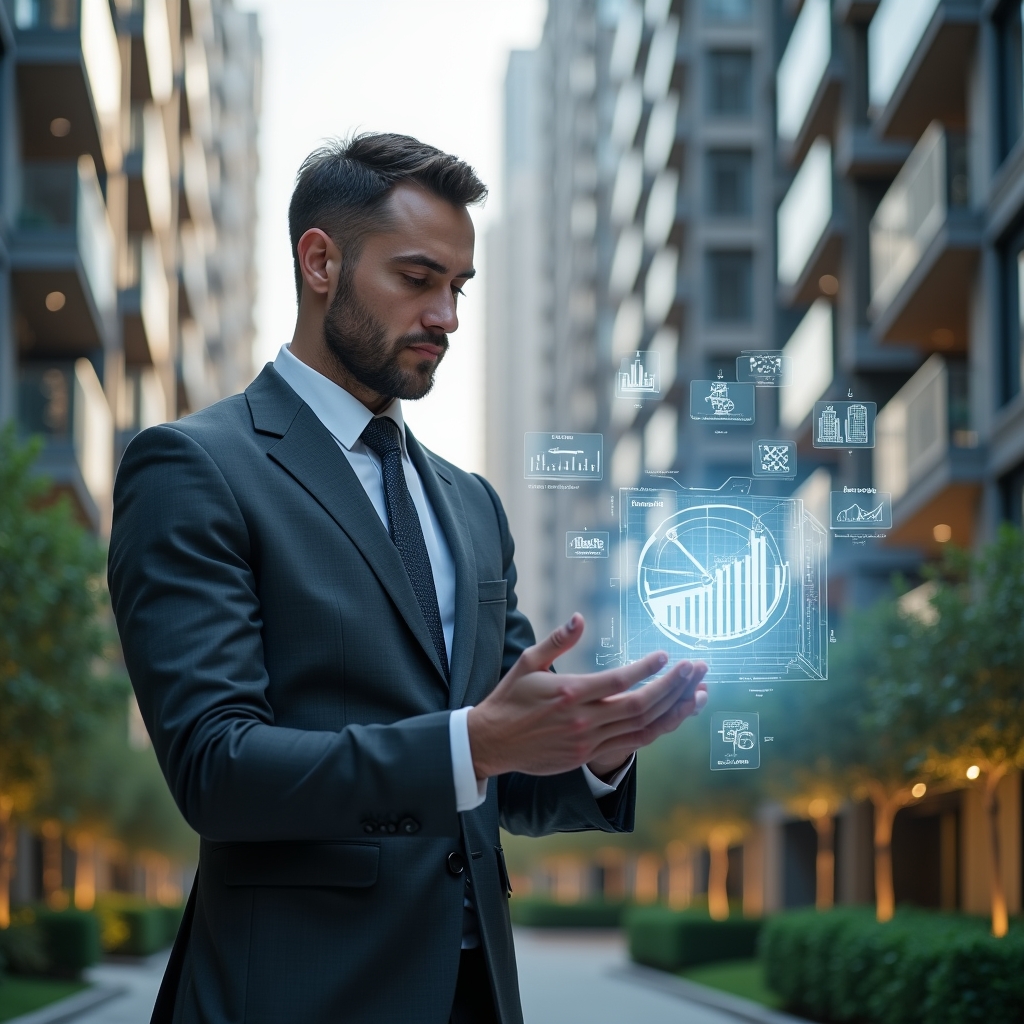 Ultra-realistic condominium manager in a charcoal gray executive suit, set in a modern luxury condominium environment with high-rise buildings and meticulously landscaped gardens, reviewing a translucent holographic pie chart of fraction ideal allocations with a confident, analytical expression, floating icons of currency symbols and building blueprints around him, cinematic lighting, shallow depth of field, highly detailed textures, realistic skin, photographic realism, 8k resolution --ar 1:1 --v 6