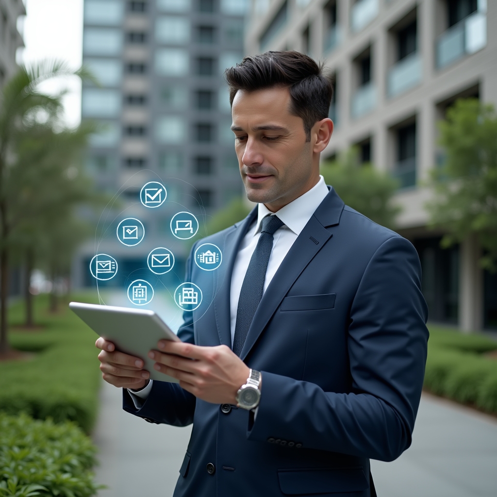 Ultra-realistic condominium manager in a navy suit, set in a modern luxury condominium environment with high-rise buildings and manicured green landscaping, examining a digital tablet displaying a holographic checklist and calendar icons, confident and focused expression, cinematic lighting, shallow depth of field, highly detailed textures, realistic skin, photographic realism, 8k resolution --ar 1:1 --v 6